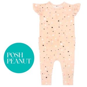 NWT Posh Peanut “Stars” ruffled cap sleeve rompers peach pink 18-24m